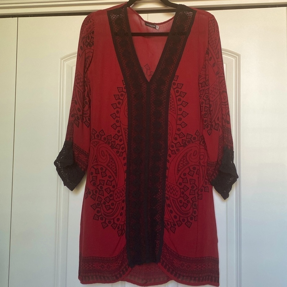 EARTHBOUND Bohemian Long Tunic Blouse Womens S Lace crochet Sheer Red/Black Goth